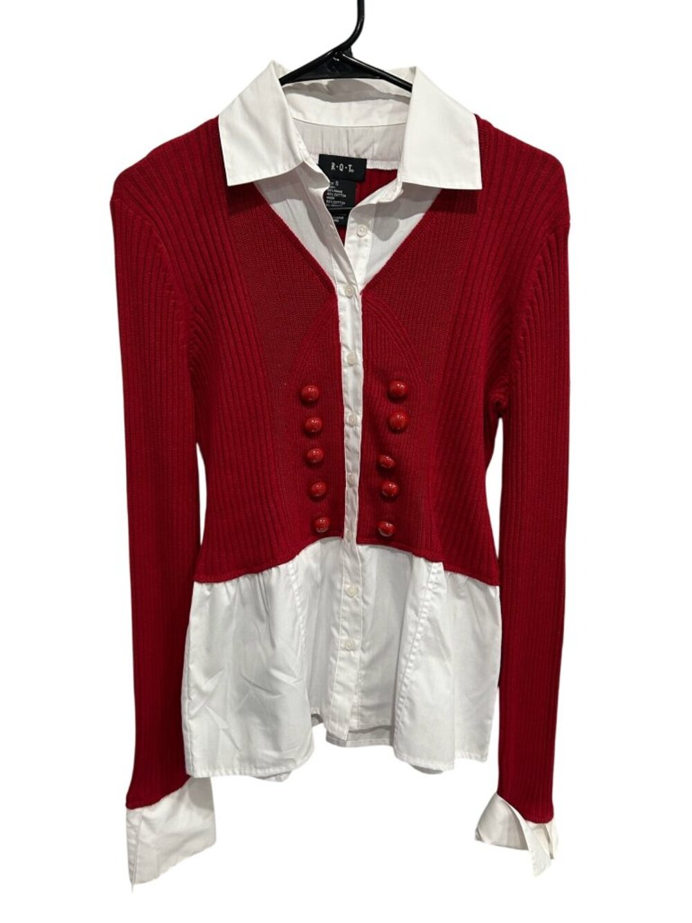 RQT Red Knit White Blouse Contrast Buttoned Long Sleeve Top Womens Size S Unique